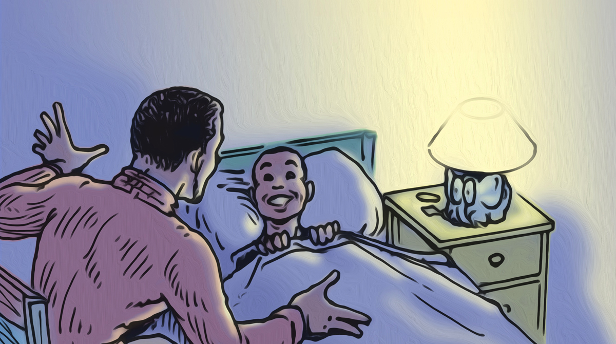 An illustration of a man telling an awesome story to a child in bed.