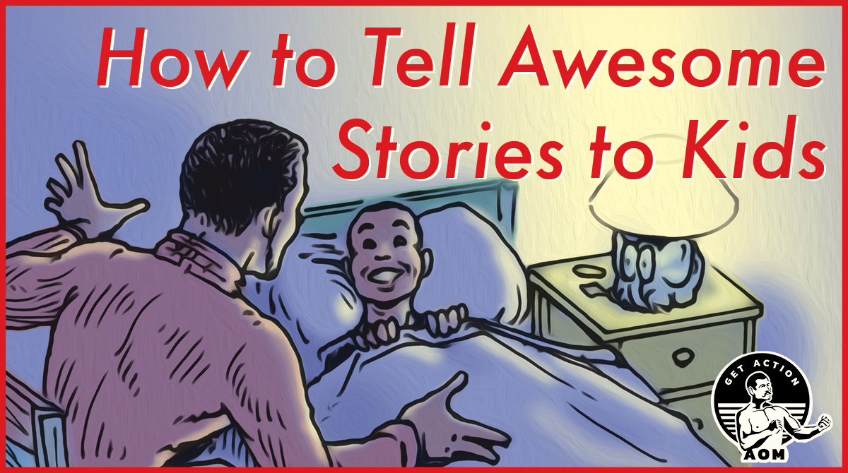 illustration of dad telling story to excited son in bed. 