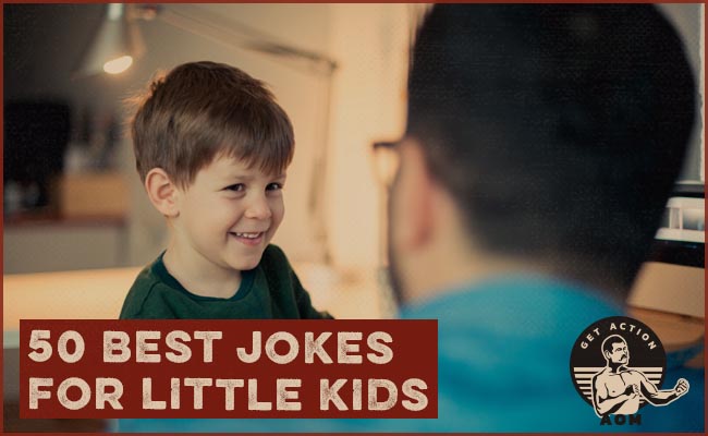 man telling joke to smiling and laughing kid.