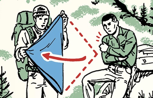 An illustration of a man with a backpack, making a blue kite.