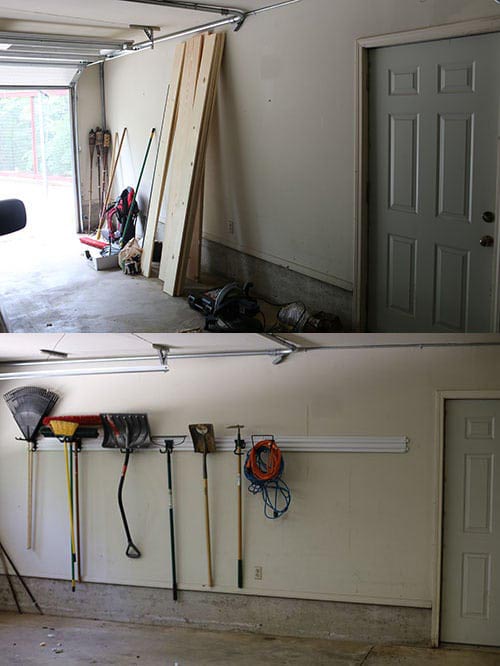 before and after of racks in a garage.