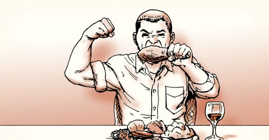 An illustration of a man enjoying a feast.