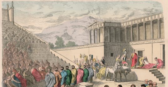 A drawing of a group of people standing in front of a building, reminiscent of Ancient Greek tragedies.