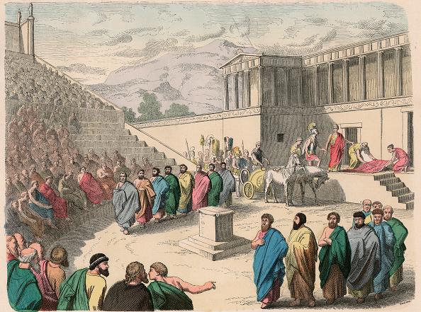 A drawing of a group of people standing in front of a building, reminiscent of Ancient Greek tragedies.