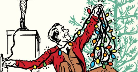 A cartoon of a man decorating a Christmas tree with lights.