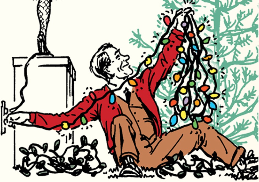 A cartoon of a man decorating a Christmas tree with lights.
