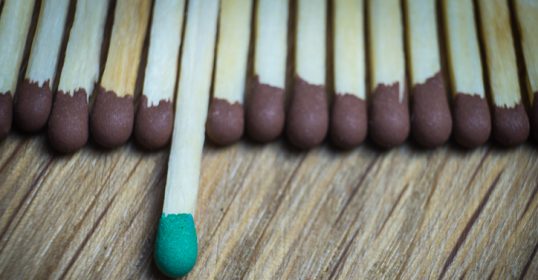 A group of matches with a green one in the center.