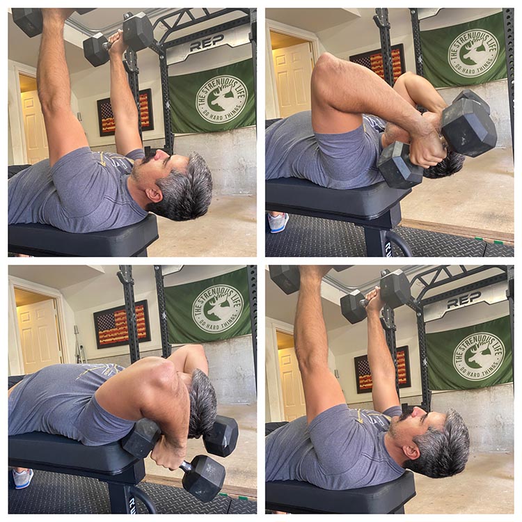 Man demonstrating how to do rolling dumbbell extensions