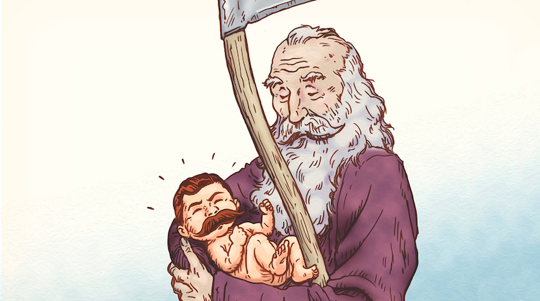 A man holding a baby with a scythe, showcasing the art of manliness.