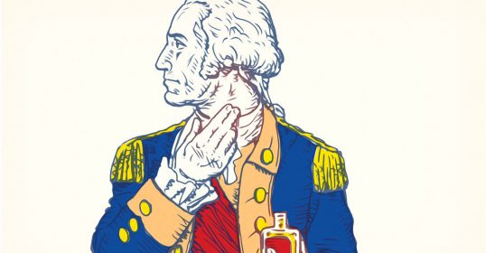 Illustration of George Washington holding a cologne bottle.