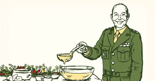 An illustration of a man in a military uniform stirring a bowl of food inspired by General Eisenhower.