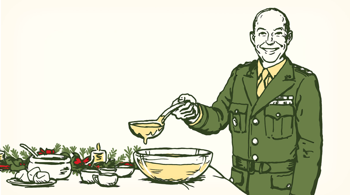 An illustration of a man in a military uniform stirring a bowl of food inspired by General Eisenhower.