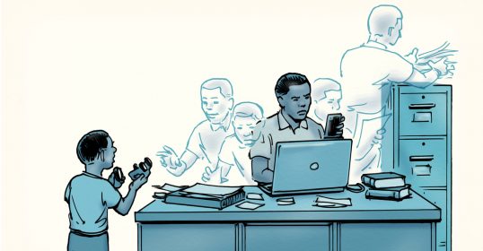 An illustration of a man managing life admin at a desk with a laptop.