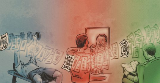 An illustration of a man working out in a gym, striving to become a better man through his Sunday Firesides routine.