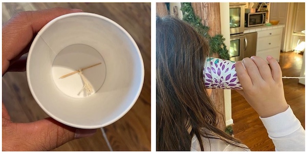 paper cup phone game with kids. 