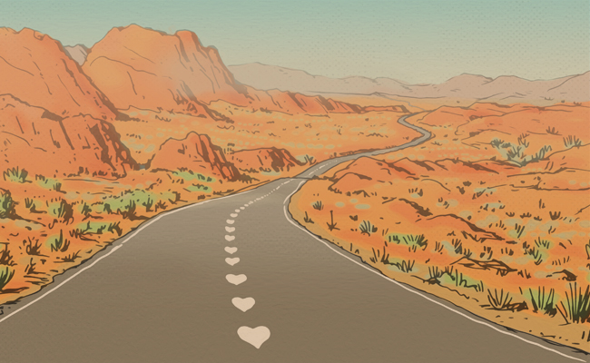An illustration of a road in the desert adorned with hearts symbolizing enduring love.