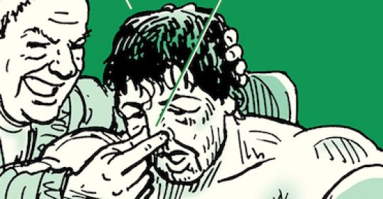 An illustration of a man with a boxer's head, looking the right way.