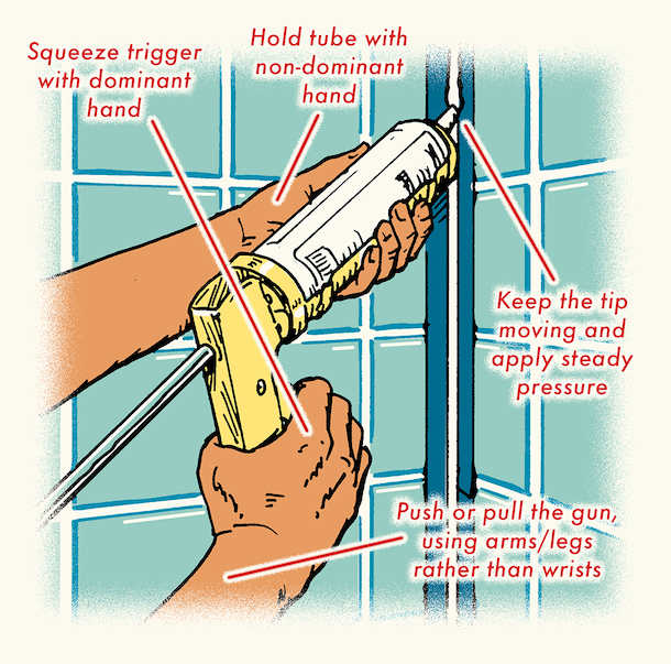 illustration of man caulking tile with text how-tos 