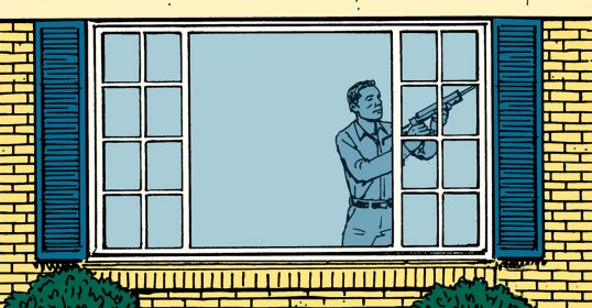 A professional man looking out of a window in the cartoon.