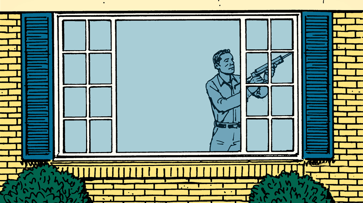 A professional man looking out of a window in the cartoon.
