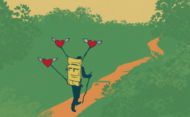 An illustration of a man carrying a backpack with hearts on it, symbolizing his load of love.