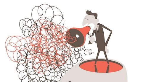 A businessman with a megaphone for a head, using his powerful voice to handle all communication.