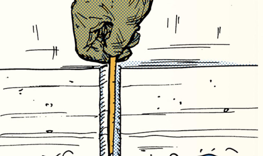 An illustration of a hand holding a stick in the water, ensuring safety.