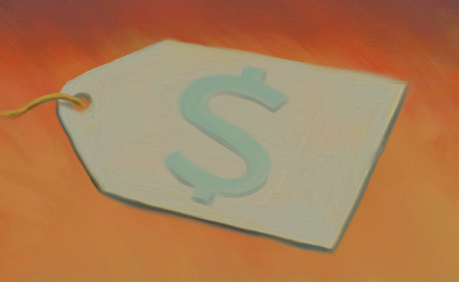 A painting of a dollar sign on a tag was created at Sunday Firesides.