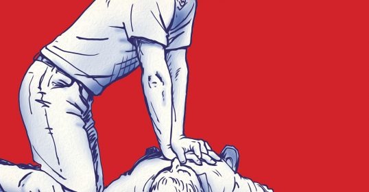 An illustration of a man laying down on a red background.