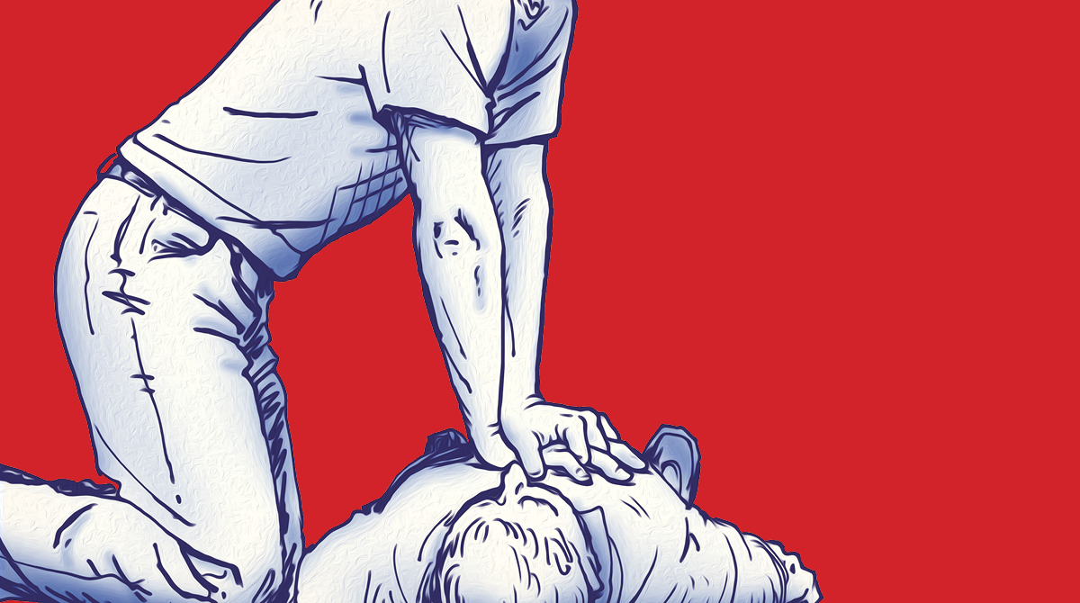 An illustration of a man laying down on a red background.