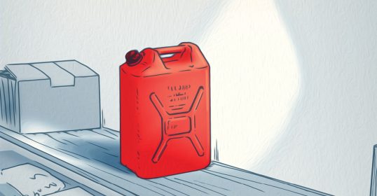 An illustration of a red gas can displayed on a shelf at the store.