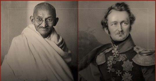 Two black and white photos of Gandhi and Napoleon.