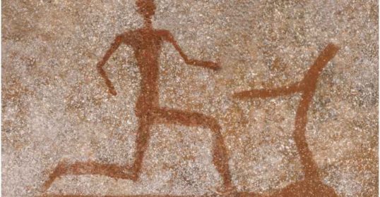 A painting of a man exercising on a treadmill.
