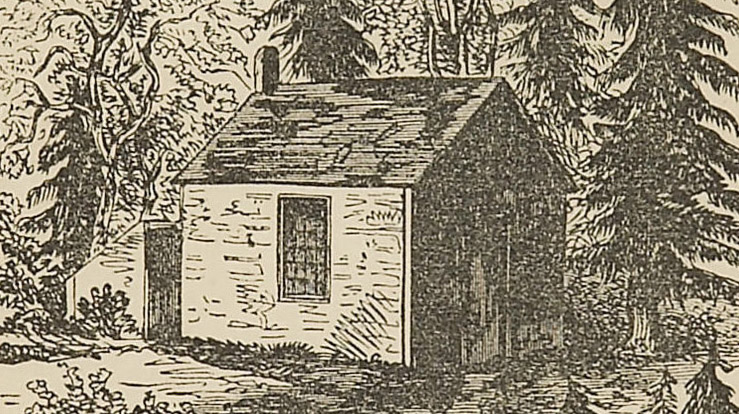A black and white drawing of a house in the woods, reminiscent of Thoreau's Own Walden.