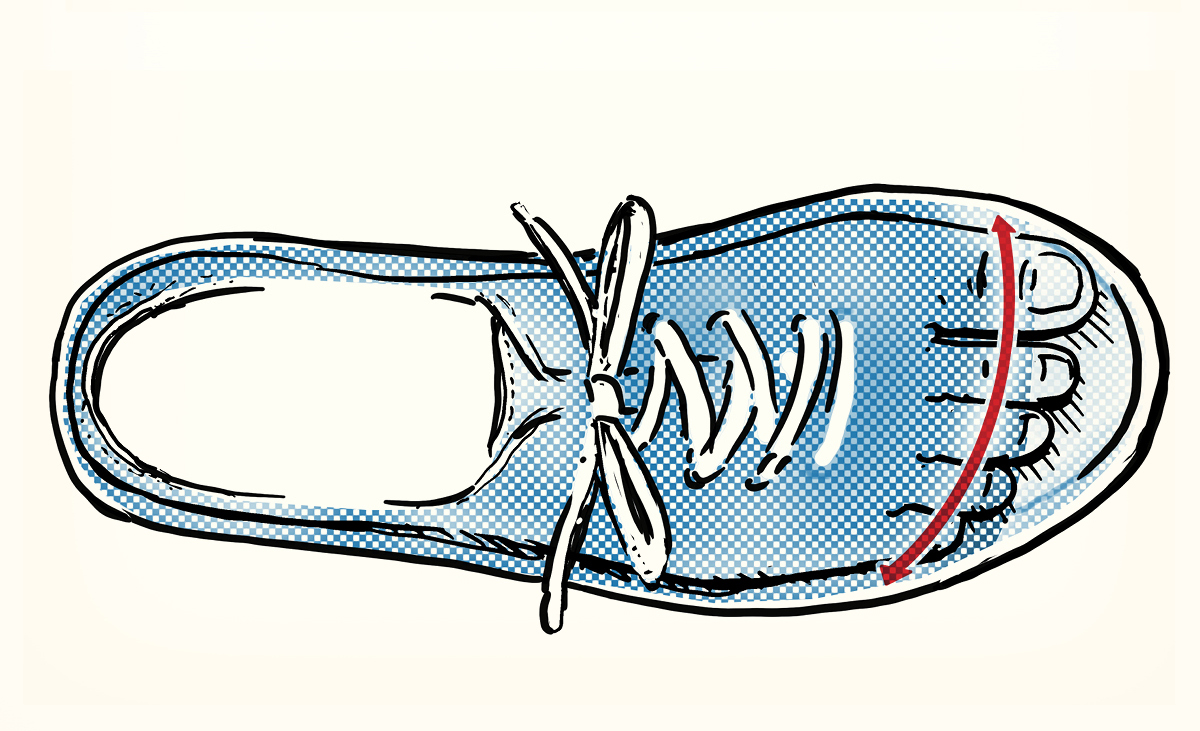 A blue shoe with a red line on it fits perfectly.