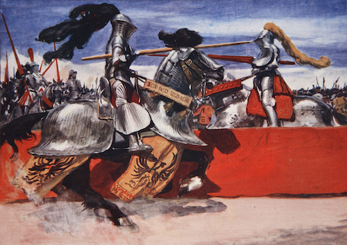 A painting depicting knights on horses, embracing the theme of love your enemy.