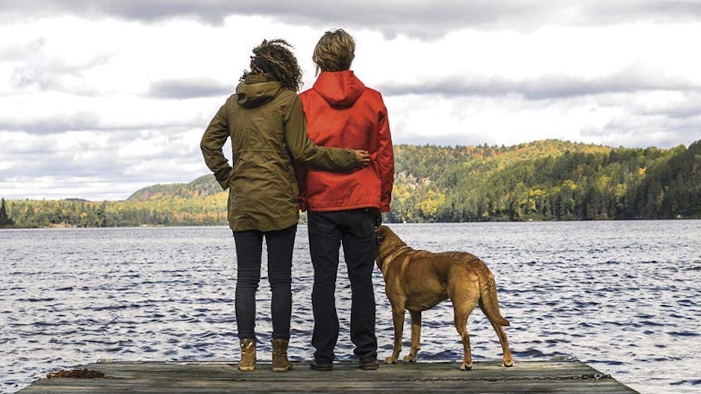 Two people standing on a dock, gazing at a serene lake with their faithful dog by their side.