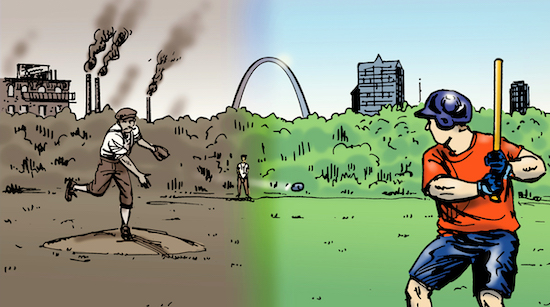 A cartoon of a baseball player hitting a ball in a field, featuring a St. Louis Tradition.