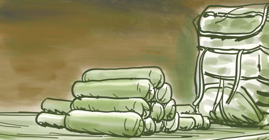 A drawing of a backpack on a table.