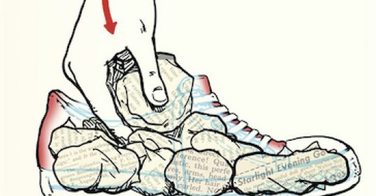 An illustration of a hand reaching into a shoe to effectively dry it.