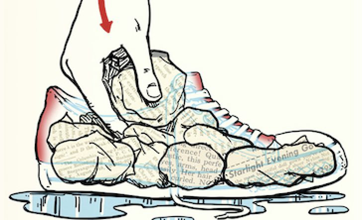 An illustration of a hand reaching into a shoe to effectively dry it.