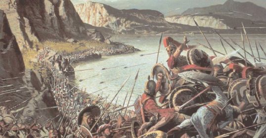 A painting of a battle between the Spartans and the Egyptians.