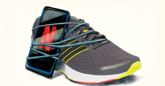 An illustration of a running shoe with a cell phone attached, showcasing the use of Temptation Bundling.