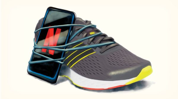 An illustration of a running shoe with a cell phone attached, showcasing the use of Temptation Bundling.