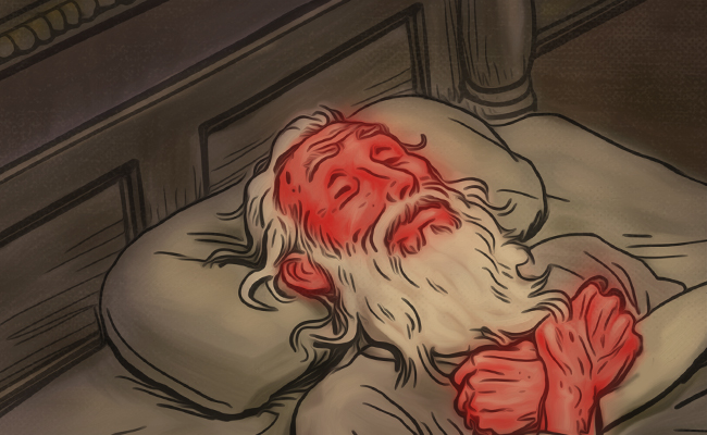 A red-faced old man lays in bed.