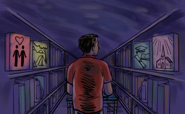An illustration of a man browsing through books in a library on Sunday.