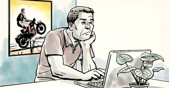 An illustration of a man from the interesting generation working on a laptop.