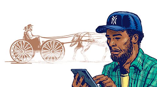 An illustration of a man using a cell phone next to a horse drawn carriage.