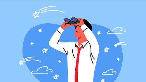 A businessman, with a futuristic vision, peers through binoculars.