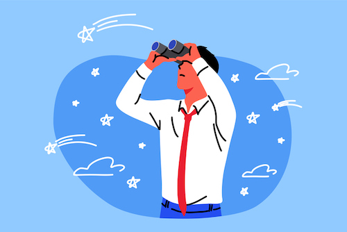A businessman, with a futuristic vision, peers through binoculars.